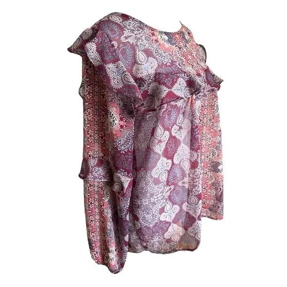 Womens Knox Rose Chiffon Blouse Burgundy Ruffled Prairie Sheer Lightweight XS - Picture 3 of 6